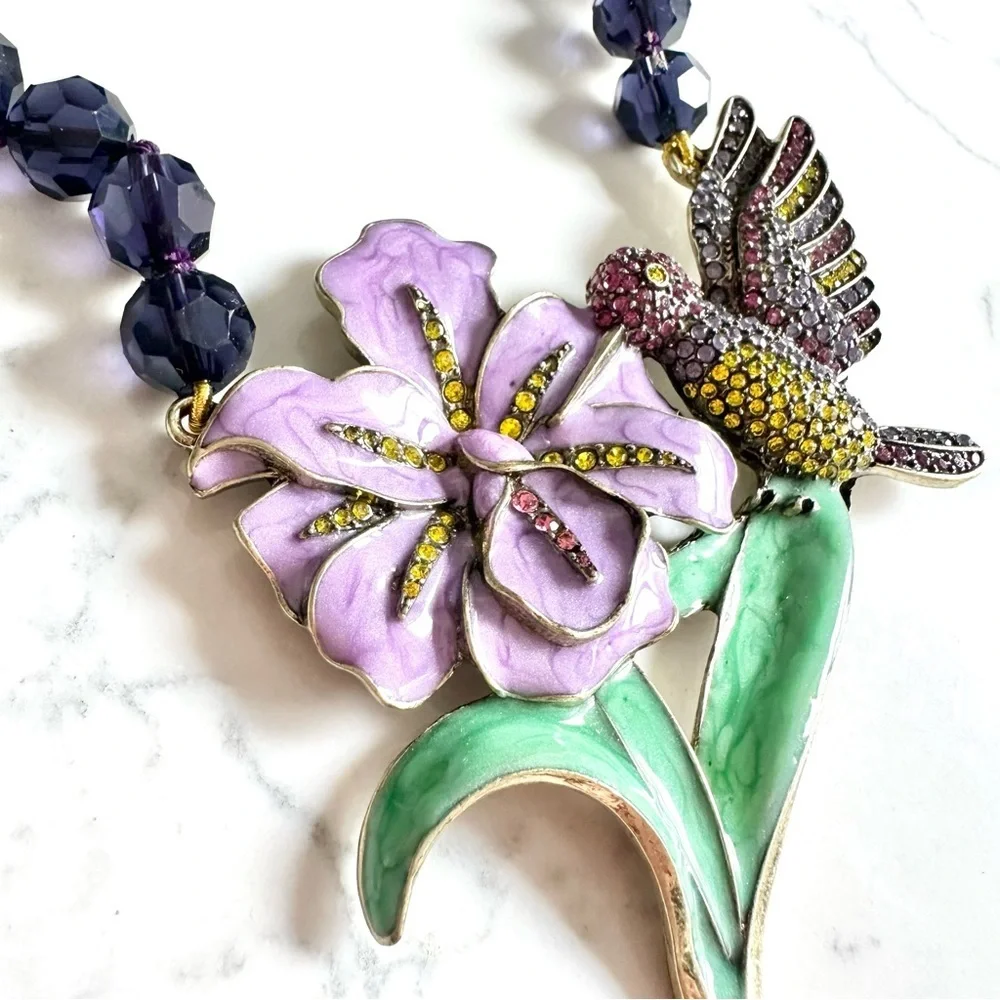 Hummingbird Colorful Rhinestone Enamel Necklace Purple Bead Large Flower NEW
